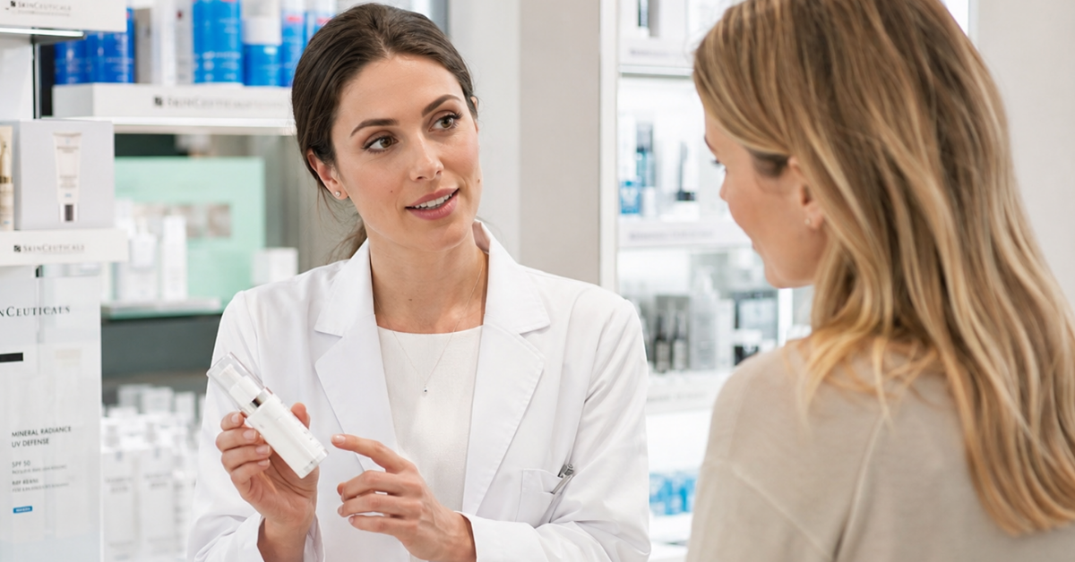 Profesional recomendando un producto para la rutina skincare